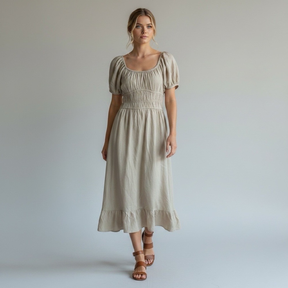 Sim & Sam New Linen Blend Peasant Granola Girl Nautical Maxi Midi Dress M Sand